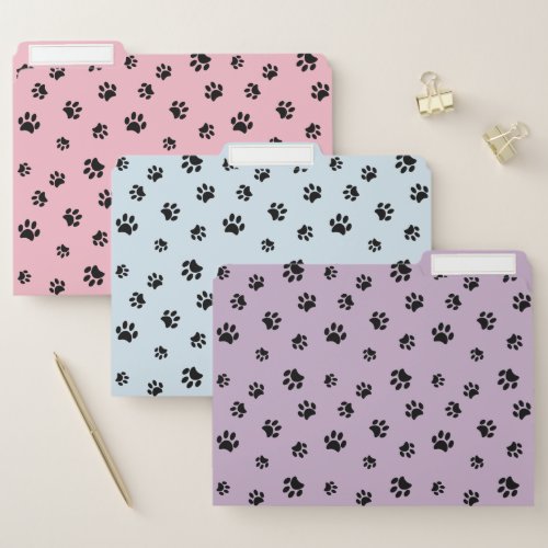 Cute Black Paw Prints Pastel Pink Blue Purple File Folder