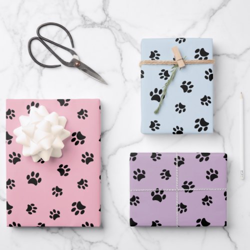 Cute Black Paw Prints Pastel Pink Blue Purple Wrapping Paper Sheets
