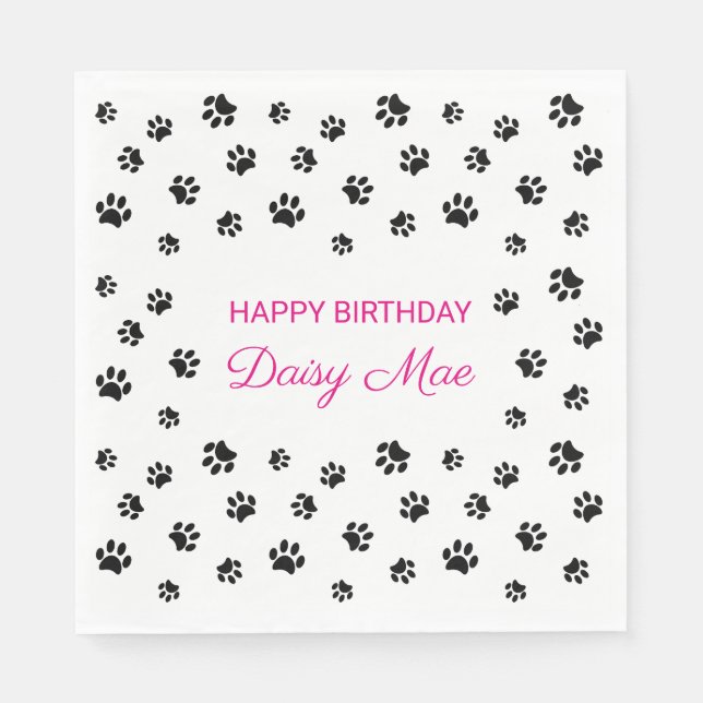 Cute Black Paw Prints Pink Pet Birthday Party Napkins (Front)