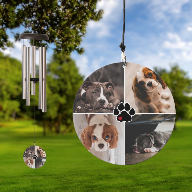 Cute Black Paw Red Heart Dog Photos Wind Chime (Outdoor)