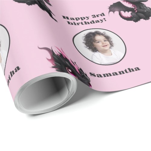 Cute Black Pink Chibi Dragon Custom Photo Text Wrapping Paper