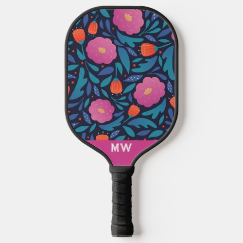 Cute Black Pink Floral Monogram Pickleball Paddle