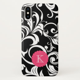 Cute Black Pink Floral Wallpaper Custom Monogram iPhone X Case