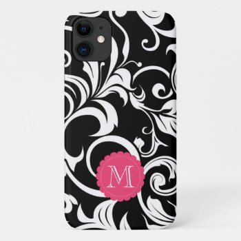 Cute Black Pink Floral Wallpaper Swirl Monogram Iphone 11 Case by its_sparkle_motion at Zazzle