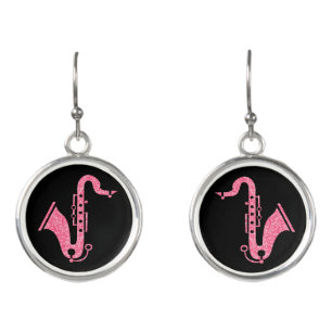 Cute Black & Pink Glitter Saxophone Earrings