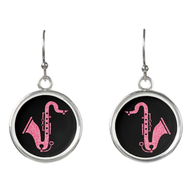 Cute Black & Pink Glitter Saxophone Earrings (Front)