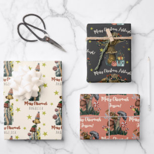 Cute Black Pink Mushroom Christmas Custom Name Wrapping Paper Sheets