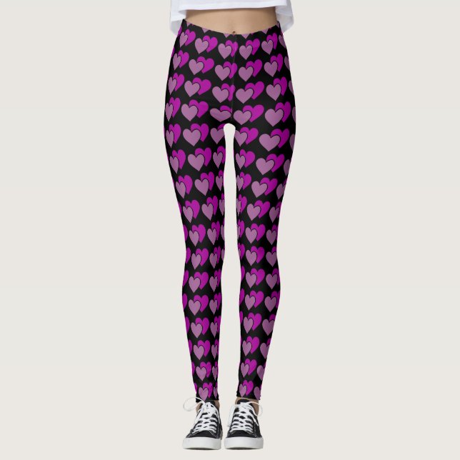 Cute Black & Pink & Purple Hearts Pattern Leggings (Front)