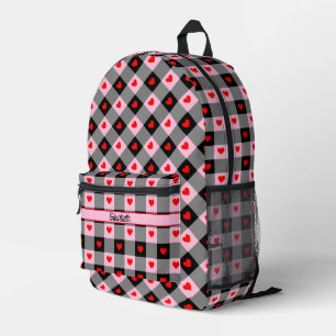 Cute Black Pink Red Heart Plaid Pattern Name Girl Printed Backpack