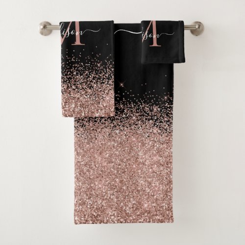 Cute Black Pink Rose Gold Glitter Border Monogram Bath Towel Set