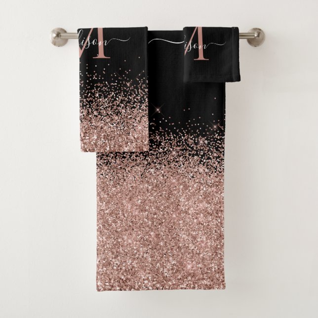Cute Black Pink Rose Gold Glitter Border Monogram Bath Towel Set (Insitu)