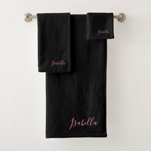 Cute Black Pink Script Name Bath Towel Set