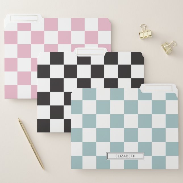 Cute Black Pink Turquoise Checkers Pattern Name File Folder (Set)
