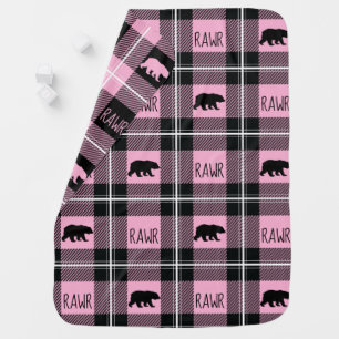 Cute Black Pink & White Bear and Rawr Flannel Baby Blanket