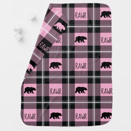 Cute Black Pink  White Bear and Rawr Flannel Baby Blanket