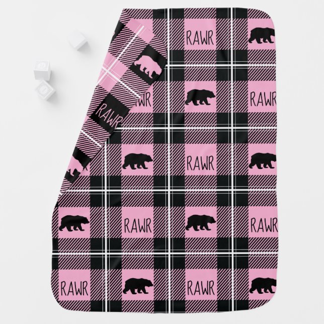Cute Black Pink & White Bear and Rawr Flannel Baby Blanket (In Situ)