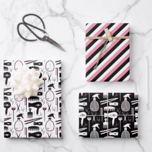 Cute Black Pink White Hair Stylist Tools Wrapping Paper Sheets