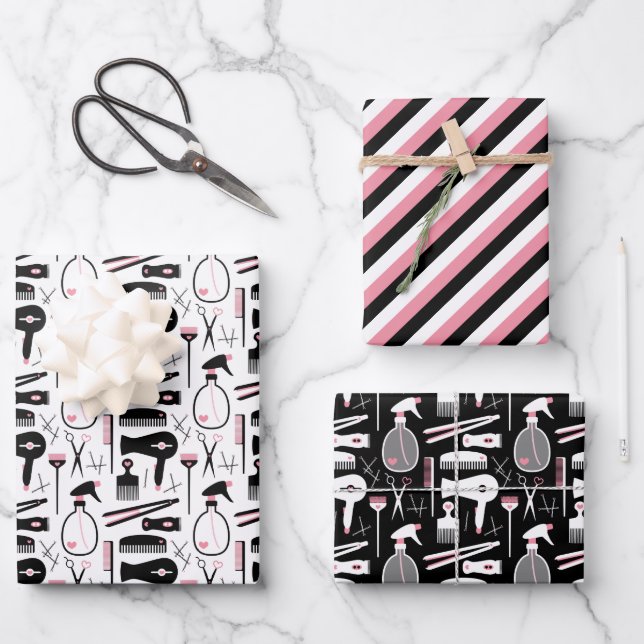 Cute Black Pink White Hair Stylist Tools Wrapping Paper Sheets (Front)