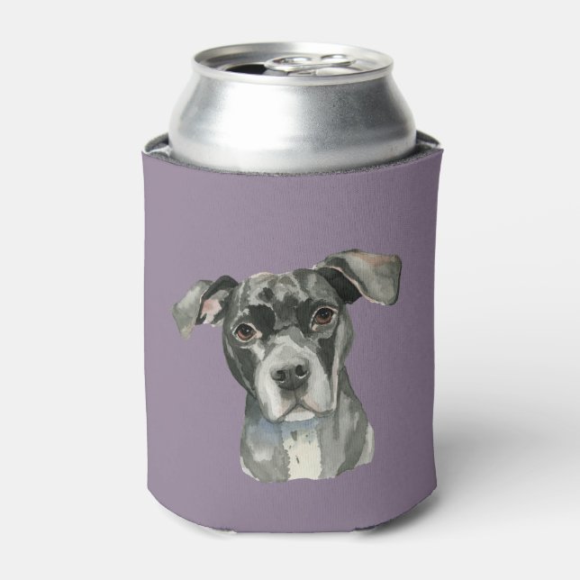 Cute Black Pit Bull Dog Watercolor Can Cooler (Can Front)
