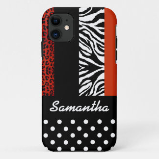 Cute Black Polka Dot Animal Print Custom Name iPhone 11 Case