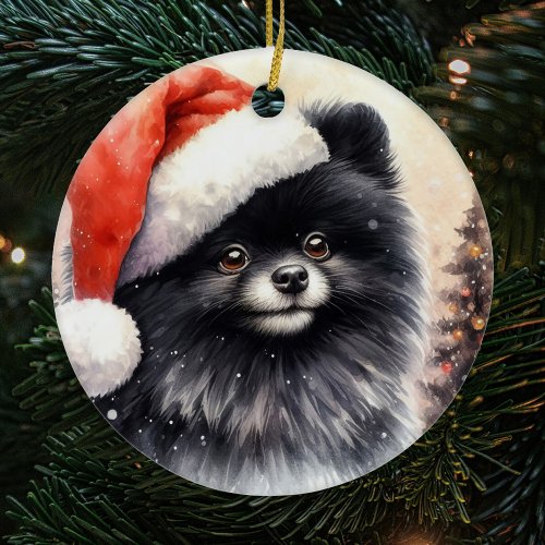 Cute Black Pomeranian Watercolor Christmas Ceramic Ornament