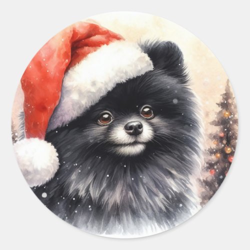 Cute Black Pomeranian Watercolor Christmas Classic Round Sticker