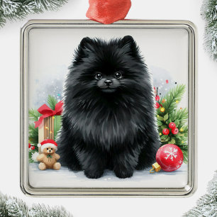 Cute Black Pomeranian Watercolor Christmas Metal Ornament