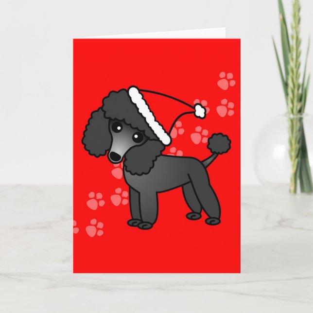 Cute Black Poodle Cartoon Santa Hat Holiday Card (Front)