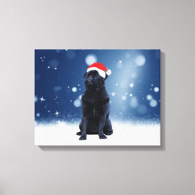 Cute Black Pug Dog Christmas Santa Hat Snow Stars Canvas Print (Front)