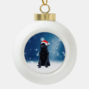 Cute Black Pug Dog Christmas Santa Hat Snow Stars Ceramic Ball Christmas Ornament