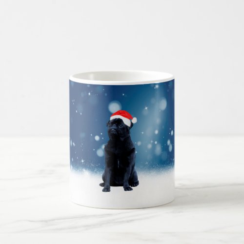 Cute Black Pug Dog Christmas Santa Hat Snow Stars Coffee Mug