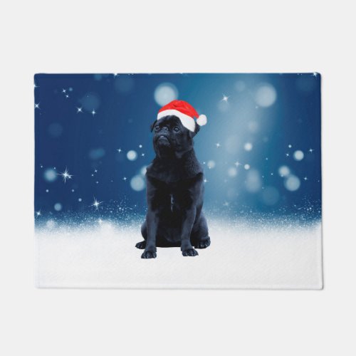 Cute Black Pug Dog Christmas Santa Hat Snow Stars Doormat