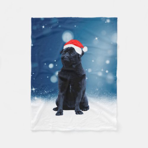 Cute Black Pug Dog Christmas Santa Hat Snow Stars Fleece Blanket