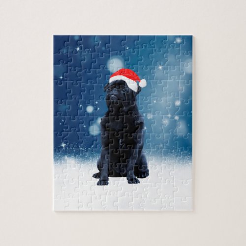 Cute Black Pug Dog Christmas Santa Hat Snow Stars Jigsaw Puzzle