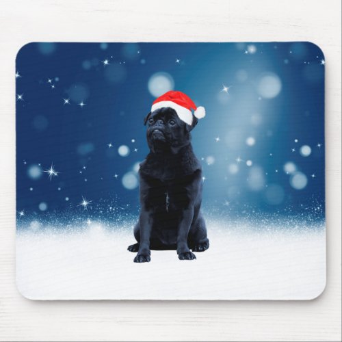 Cute Black Pug Dog Christmas Santa Hat Snow Stars Mouse Pad