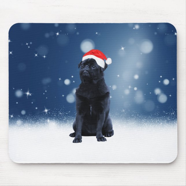 Cute Black Pug Dog Christmas Santa Hat Snow Stars Mouse Pad (Front)