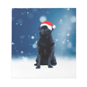 Cute Black Pug Dog Christmas Santa Hat Snow Stars Notepad