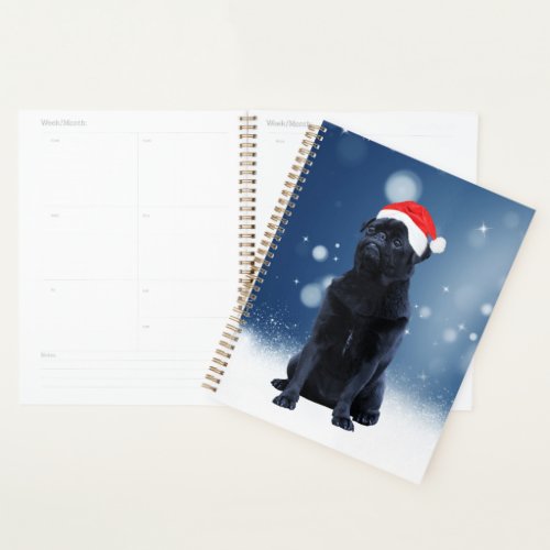 Cute Black Pug Dog Christmas Santa Hat Snow Stars Planner