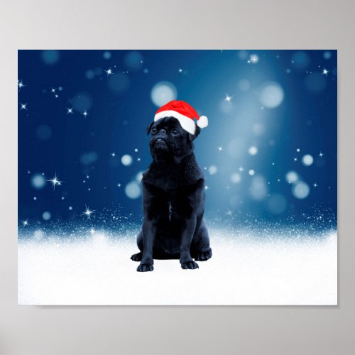 Cute Black Pug Dog Christmas Santa Hat Snow Stars Poster