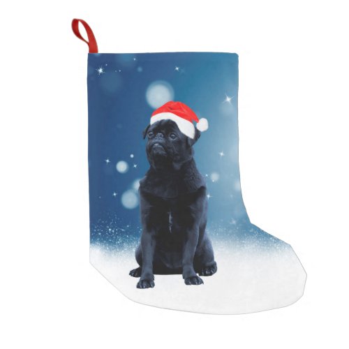Cute Black Pug Dog Christmas Santa Hat Snow Stars Small Christmas Stocking