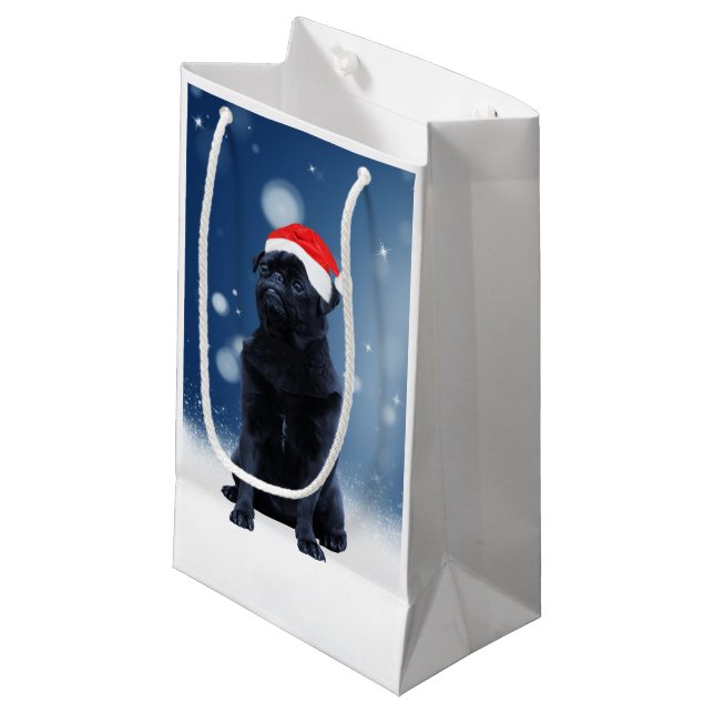 Cute Black Pug Dog Christmas Santa Hat Snow Stars Small Gift Bag (Front Angled)