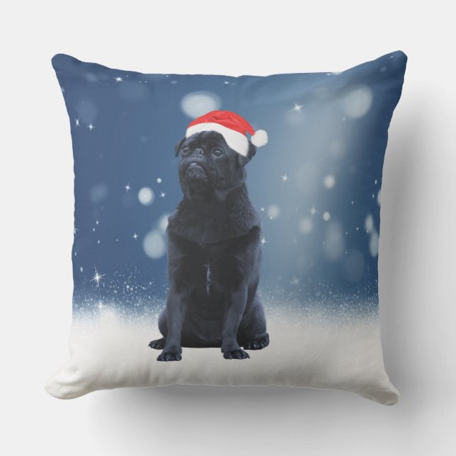Cute Black Pug Dog Christmas Santa Hat Snow Stars Throw Pillow (Front)