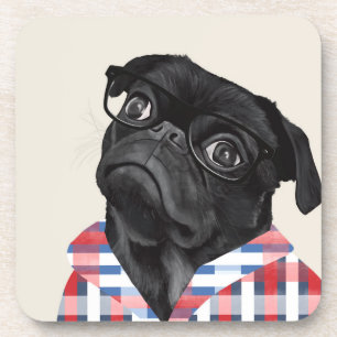 Cute Black Pug Dog With Glasses And Check Shirt Beverage Coaster