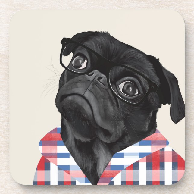 Cute Black Pug Dog With Glasses And Check Shirt Beverage Coaster (Front)