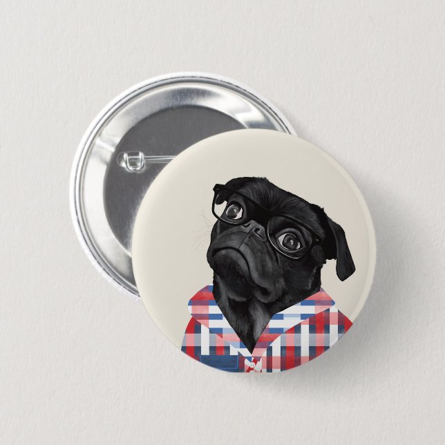 Cute Black Pug Dog With Glasses And Check Shirt Button (Front & Back)