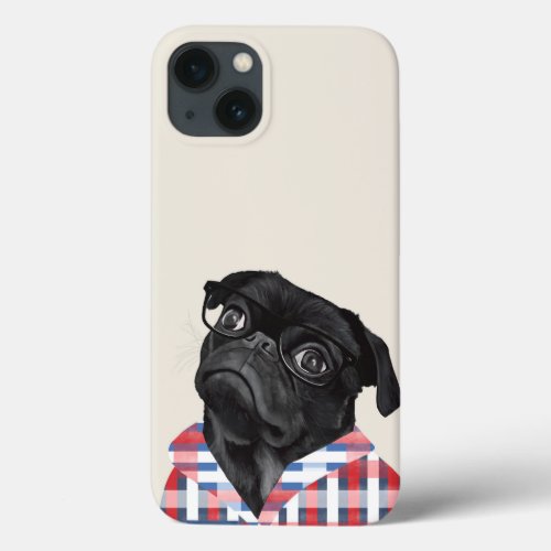 Cute Black Pug Dog With Glasses And Check Shirt iPhone 13 Case