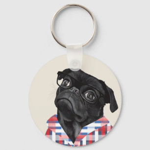 Cute Black Pug Dog With Glasses And Check Shirt Keychain