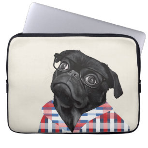 Cute Black Pug Dog With Glasses And Check Shirt Laptop Sleeve