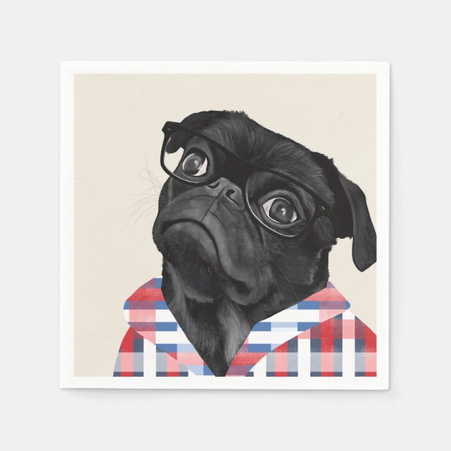 Cute Black Pug Dog With Glasses And Check Shirt Napkins (Front)