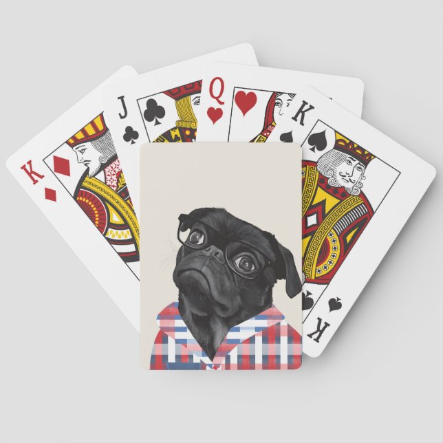 Cute Black Pug Dog With Glasses And Check Shirt Poker Cards (Back)